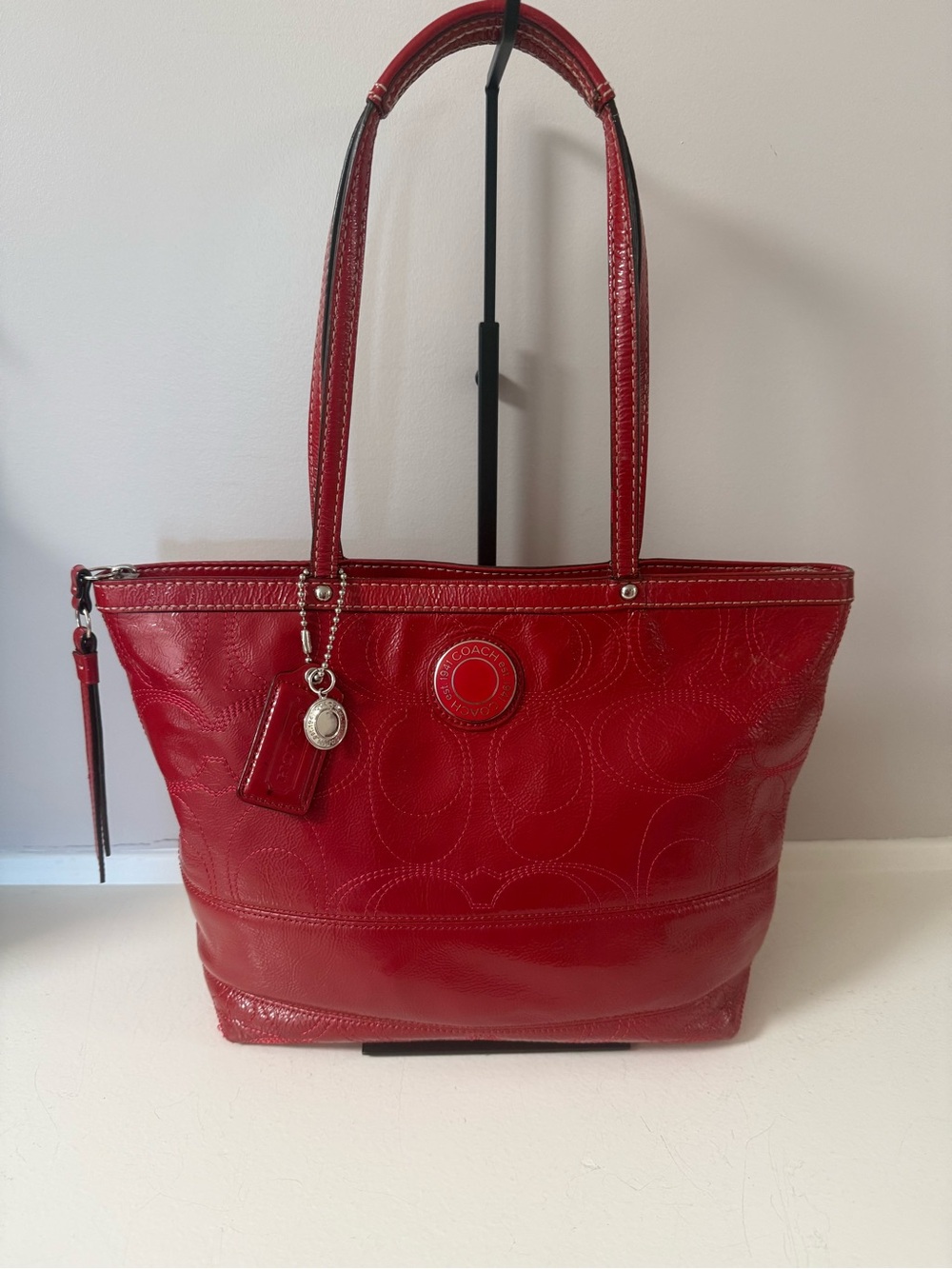 Coach Red Leather Signature Shoulder Tote!